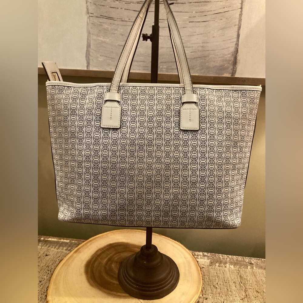 Tory Burch Gemini Link Coated Canvas White Leather Tote Bag Crossbody Strap - Picture 4 of 10
